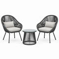 Salon de jardin Xernavik avec 2 fauteuils et table ronde en corde synthétique noir et gris, style contemporain.