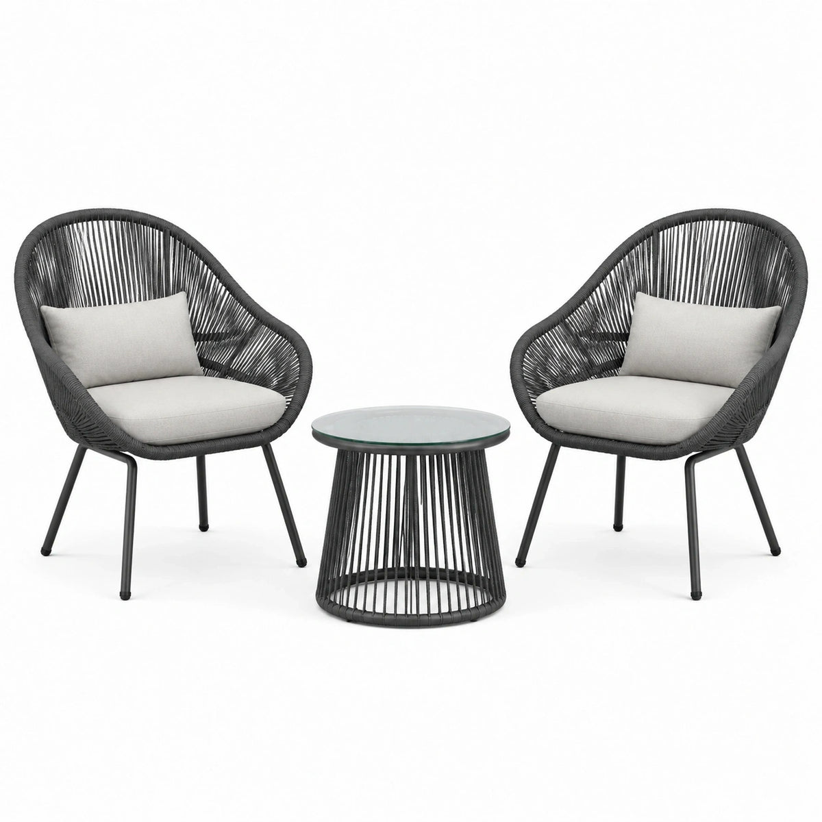 Salon de jardin Xernavik avec 2 fauteuils et table ronde en corde synthétique noir et gris, style contemporain.