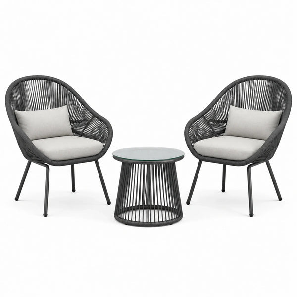Salon de jardin Xernavik avec 2 fauteuils et table ronde en corde synthétique noir et gris, style contemporain.