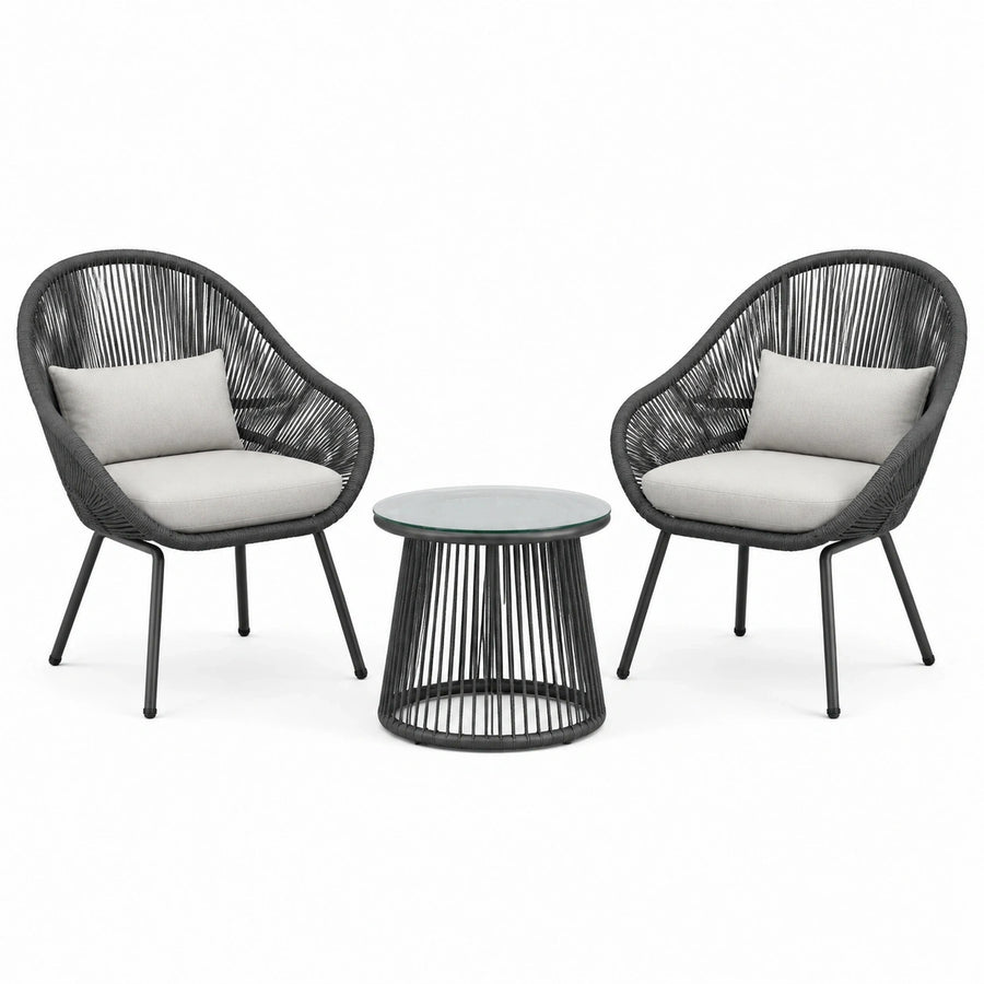 Salon de jardin Xernavik avec 2 fauteuils et table ronde en corde synthétique noir et gris, style contemporain.