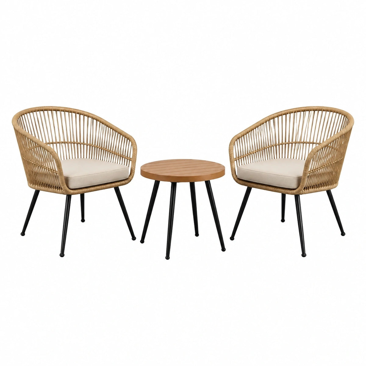 Salon de jardin Xernavik avec 2 fauteuils en rotin beige et table ronde de 70 cm, style bistrot, pour espace extérieur.